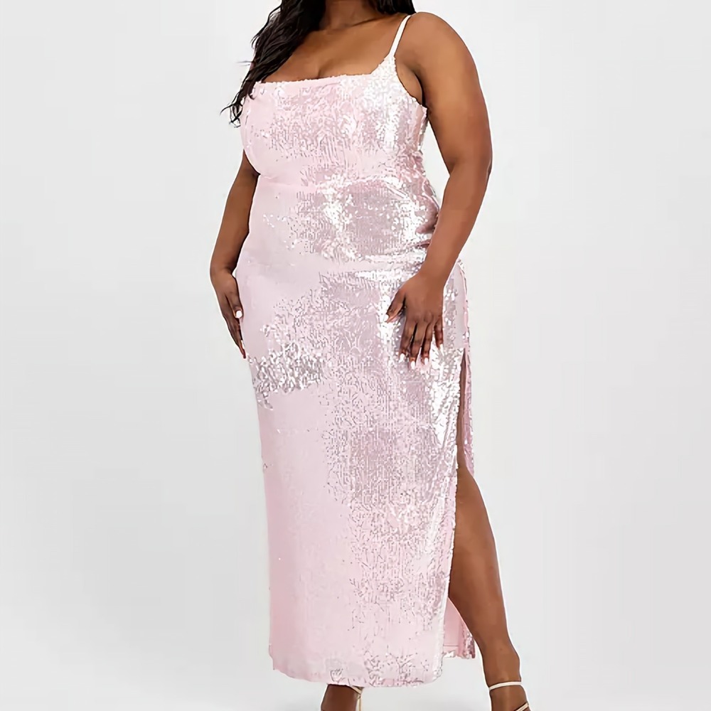 B Darlin Trendy Sequined Square Neck‎ Pink Sleeveless Gown Womens Size 22W NWT